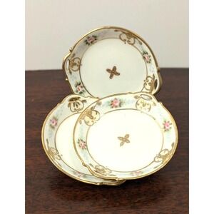 Vintage Hand Painted Nippon Butter Pats Set of 3 Pink Rose Gold Gilt Porcelain